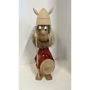 Vintage 12" Danish Viking Figurine Teak Wood Red Felt Rabbit Fur & Spear Denmark